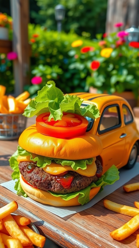 A Fiat 500 shaped burger with beef patty, lettuce, and tomato on a toasted bun, served with fries on a rustic picnic table.